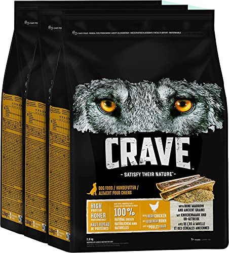 Crave Premium Trockenfutter Huhn mit Knochenmark und Urgetreide für Hunde – Getreidefreies Adult Hundefutter mit hohem Proteingehalt – 3 x 2,8 kg