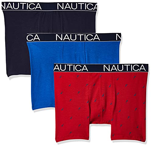 Nautica Herren 3-Pack Classic Underwear Cotton Stretch Boxer Brief Retroshorts, Sea Cobalt/Peacoy/Sail Printnautica Rot, Medium