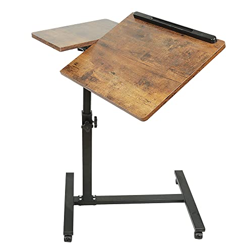 Klappbarer Bett Beistelltisch Sofatisch mit Rollen, 360° Drehbar Heben Laptopständer Mit Kleiner Schublade, Holz Stehpult Laptop Tisch für Sofa -60 * 34,5 * 58/90cm-gelbe Kirsche