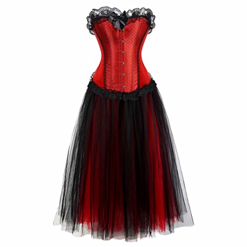 Josamogre Damen Korsett kleid lang tutu Corsagenkleid bustier Spitzen corsage zum schnüren Rock Halloween burlesque Schwarz rot 3XL