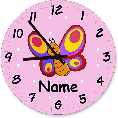 Shirtinstyle Wanduhr Kinderzimmer Wanduhr Schmetterling mit Wunschnamen Geschenk Uhr Kinder Handmade, 29cm, Pastellrosa