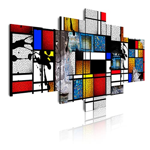 DekoArte 530 - Modernes Bild, digitalisierter Kunstdruck | Dekoratives Bild für den Salon oder das Schlafzimer |Moderner AbstrakterStil Kunst Mondrian Farben Rot | 5 Teile 180 x 85 cm XXL