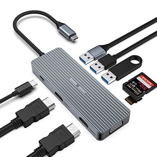 USB C Hub Adapter, 9 in 1 Triple Display USB C Adapter mit 2 x HDMI/VGA, 5Gbps Fast Docking Station kompatibel mit Type C Geräte (SD/TF+USB A 3.0/2.0+PD Aufladen)