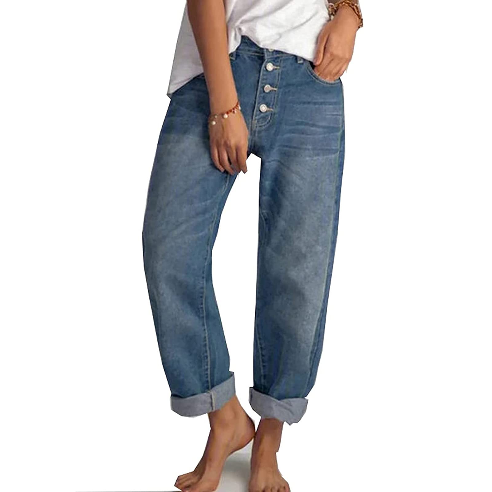 Yokbeer Damen Casual Straight-Leg Jeans Boyfriend High Waist Wide Leg Hose Hosen für Damen die Ganze Saison (Color : Blue, Size : M)