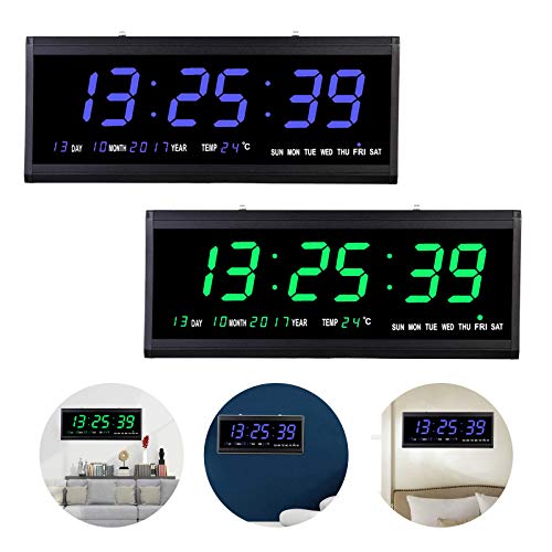 Fetcoi Digitaluhr Wanduhr Digital LED Uhr Seniorenuhr Wecker Büro Wohnzimmer LED Display mit Datumanzeige und Temperaturanzeige (Blaue Schrift)