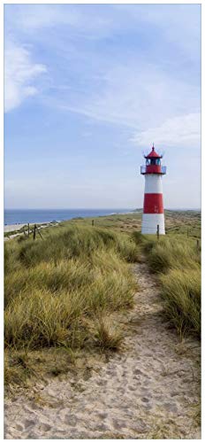 Wallario Selbstklebende Türtapete Am Strand von Sylt, Leuchtturm auf der Düne, Panorama - 93 x 205 cm in Premium-Qualität: Abwischbar, Brillante Farben, rückstandsfrei zu entfernen