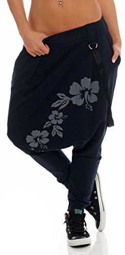 Malito Damen Haremshose mit tiefem Schnitt | Hose mit Flower Print | Baggy zum Tanzen | Sweatpants - Jogginghose 91085 (dunkelblau)