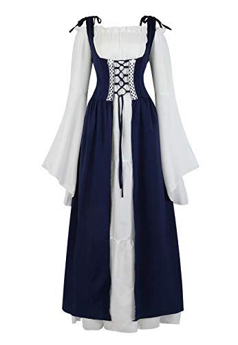 Josamogre Mittelalter Kleid Renaissance Damen mit Trompetenärmel Party Kostüm bodenlang Vintage Retro Costume Cosplay Blau 2XL