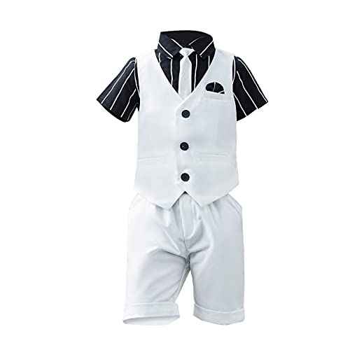 SXSHUN Jungen 3 TLG Kinderanzug Krawatte Weihnachten Strampler Junge Hochzeit Anzug Hemd Frühling Sommer,Weiß(3tlg),153