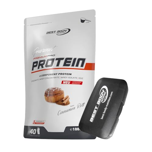 1kg Best Body Nutrition Gourmet 4 Komponenten Protein Eiweißshake - Set inkl. Protein Shaker / Gratiszugabe (Cinnamon Roll, Best Body Tablettenbox)