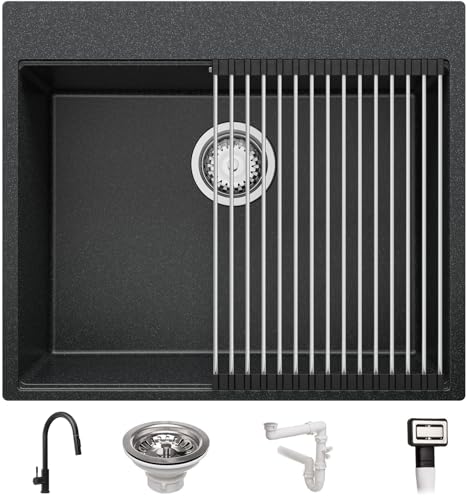 Granitspüle Graphit 58x50 cm, Spülbecken + Ablauf-Set + Küchenarmatur 9000, Küchenspüle für 60er Unterschrank, Einbauspüle von Primagran