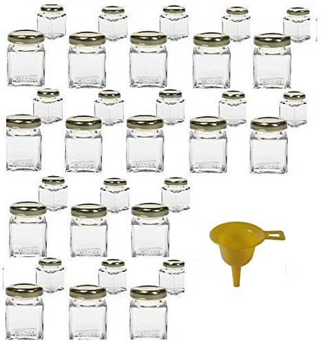 Viva Haushaltswaren - 32 x Mini Marmeladenglas / Gewürzglas 50 ml mit goldfarbenem Schraubverschluss, Gläser Set mit Deckel für Gewürze, Konfitüre, Salz etc. verwendbar (inkl. Trichter)