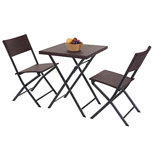 BAKAJI Set Tisch + 2 Klappstühle, Gartenmöbel, aus Polyrattan, Coffee, Rattan, Metall, Standard