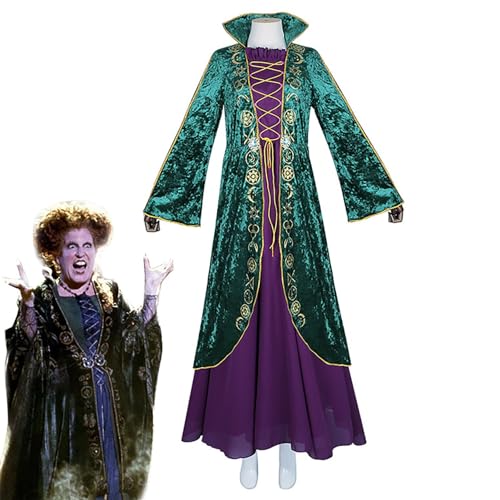 Halloween Cosplay Winifred Sanderson Cospaly Kostüm, Frauen Mittelalterliche Hexe Cosplay Kostüm Kleid Grüne Hexe Robe Kleid Halloween Karneval Kostüme