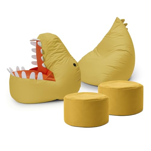 Lumaland Kindersitzsack-Set Dino, 4-TLG. | Sitzsack für Outdoor & Indoor| Sessel BZW. Kindersofa mit Füllung, ideal fürs Kinderzimmer | 1 x Dino, 1 x Monster & 2 x Pouf
