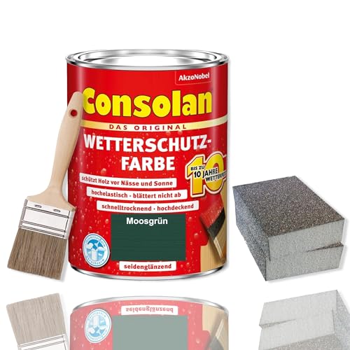 Consolan Wetterschutzfarbe Set 750 ml Holzfarbe Dauerschutz Deckend mit Zubehör (Moosgrün)