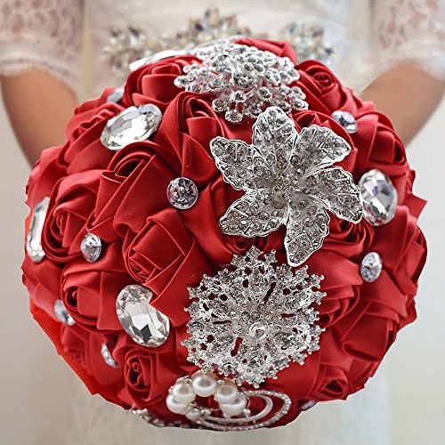 Fouriding Wedding Flowers Bride Bridal Bouquet Bridesmaid Holding Bouquets with Diamond Pearl Satin Roses for Photo Shooting, Valentine's Day, Birthday Decorations Gift, Creystal Red