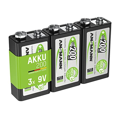 ANSMANN Akku 9V Block 200mAh NiMH 3 Stück mit geringer Selbstentladung - Wiederaufladbare Batterien maxE mit hoher Kapazität - 9 Volt Batterie für Messgerät Multimeter Spielzeug Fernbedienung uvm.