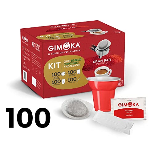 Gimoka - Kompatibel Für Easy Serving Espresso - Cialde Ese 44 - Kit 100 Kaffeekapseln, Tassen, Beutel Und Schaufeln - Geschmack GRAN BAR INTENSO MIT KIT - 12 - In Kompostierbarem Papier
