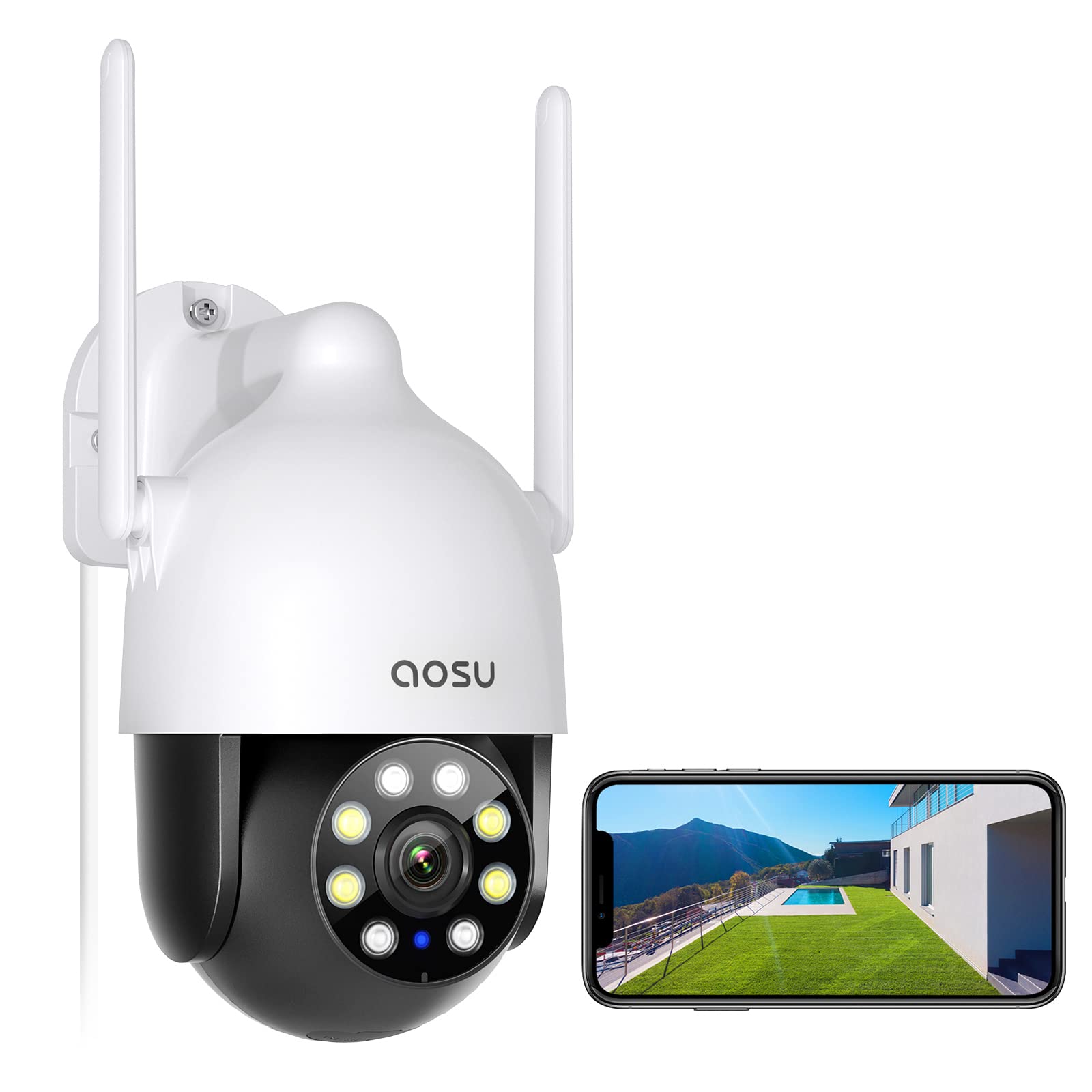 AOSU 2K überwachungskamera aussen WLAN, 360 °/90 ° Schwenkbar WLAN Kamera Outdoor mit Automatische Verfolgt, Spotlight und Sirene, zeitgesteuerte Kreuzfahrt, Vollfarbige Nacht, Alexa-Kompatibilität
