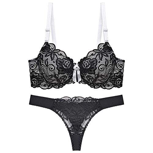 Women's Erotic Costumes Sexy Large Size Push Up Lingerie Set Women Lace 3/4 Cup Brassiere Gathering Seamless Bralette Thong Set Underwear-Black_90C