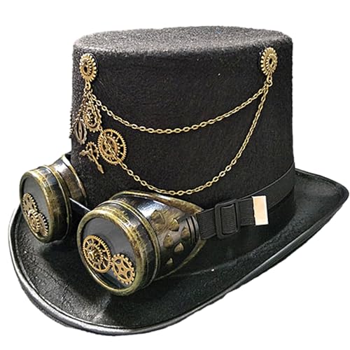 WuLi77 Unisex Steampunk Zylinder Halloween Kostüm Schwarzer Gothic Zylinder Mit Krempe Und Schutzbrille Für Männer Und Frauen Zum Anziehen Flacher Zylinder Für Frauen Flacher Zylinder