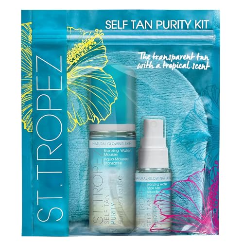 St. Tropez Self Tan Purity Selbstbräuner-Kit, Beauty-Geschenk für Damen mit flüssigem Selbstbräuner-Mousse, Selbstbräuner-Gesichtsspray und Applikator-Handschuh zum Auftragen