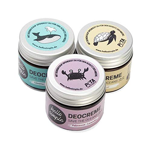 hello simple - Deocreme Deodorant Deo (50 g - SAVE THE OCEANS! - Naturkosmetik ohne Aluminium, vegan, bio, plastikfrei (Mix, 3 Gläser: Natural, Limette-Zypresse, Palmarosa-Lavendel)
