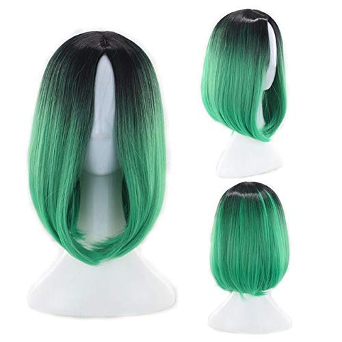 GJBXP 12inch Short Bob Wigs For Women Synthetic Hair Anime Cosplay Two Tone Black Pink Grey Blue Green Red Purple Blonde Ombre Wig black yellow black green 3
