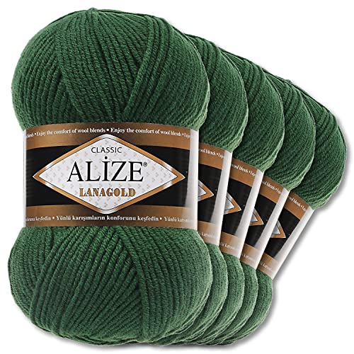 Alize 5 x 100 g Lanagold Wolle | 53 Auswahl | Stricken Häkeln Wolle (118 | Tannengrün)