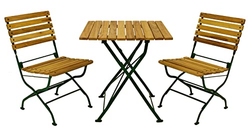 DEGAMO Garten Sitzgruppe Klappgarnitur Passau 3-teilig (2X Stuhl, 1x Tisch eckig 70x70cm), Gestell Flachstahl dunkelgrün, Belattung Robinien Holz, Outdoor