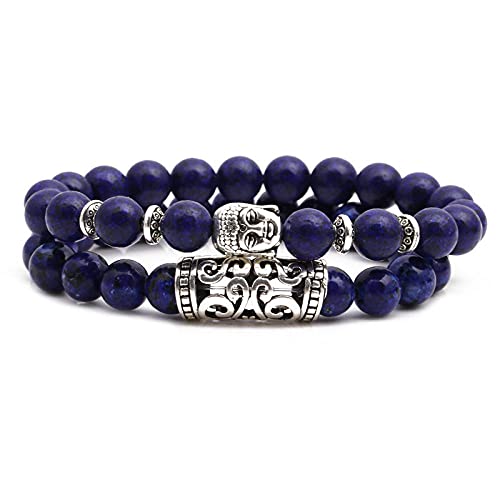 Handmade Bead Bracelet, Damen-Stein-Armband-Set, natürliches Lazuli-Lapisstein-Perlen-Stretch-Armband mit Buddha-Perle, 2-teiliges echtes Naturstein-Armband, Boho-Schmuck, Geschenk for Liebhaber, Freu