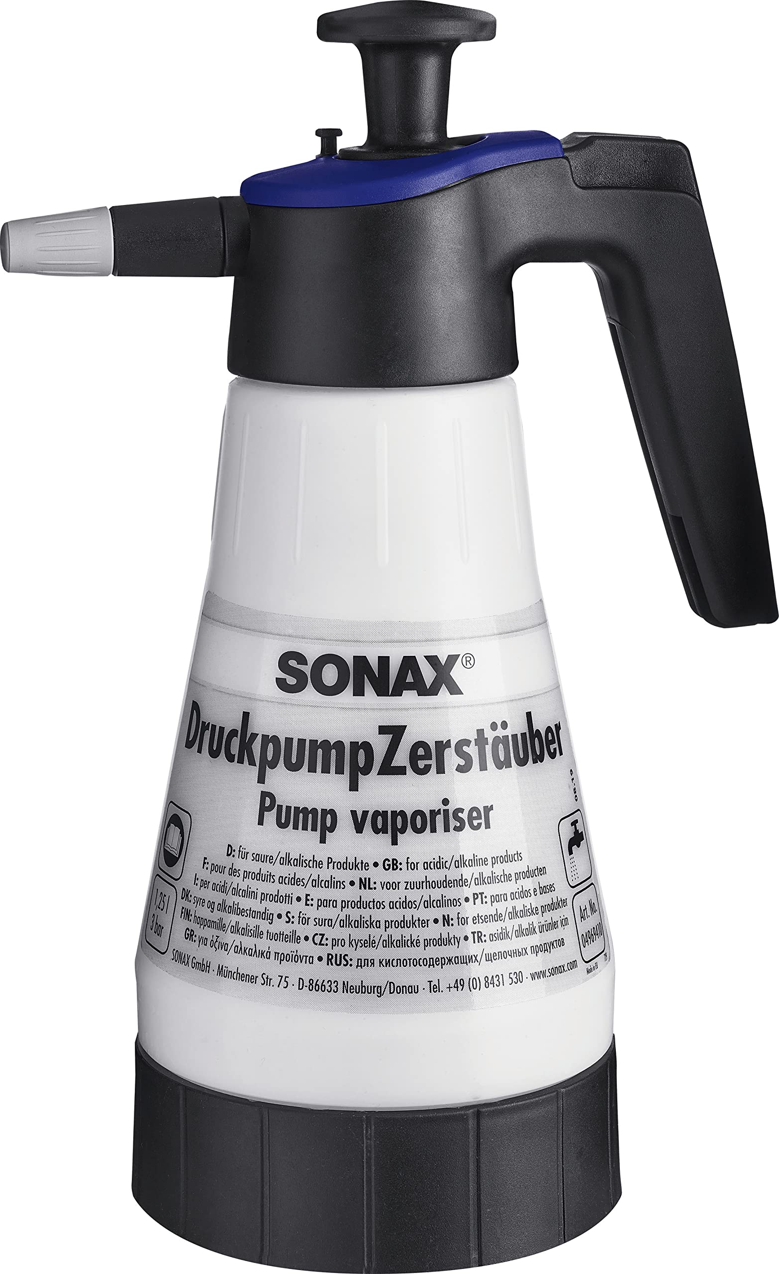 SONAX DruckpumpZerstäuber für saure/alkalische Produkte (1 Stück) zum bequemen Aufbringen von säure- und alkalienhaltigen Reinigungs- und Pflegemitteln | Art-Nr. 04969410
