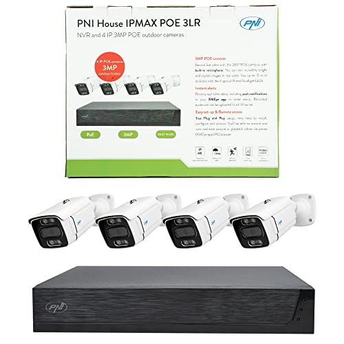 PNI House IPMAX POE 3LR Videoüberwachungskit, NVR mit 4 POE-Ports und 10 im Netzwerk, ONVIF und 4 Kameras mit 3MP IP, Outdoor, Power Over Ethernet, Gesichtserkennung, Bewegungserkennung