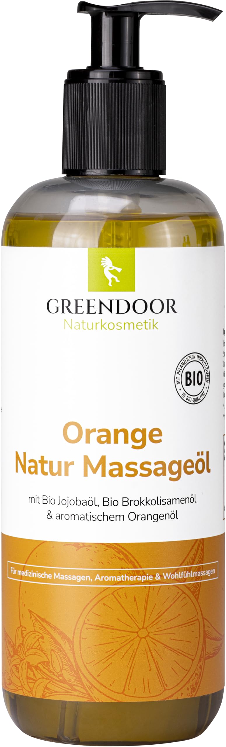 GREENDOOR Sparpackung Bio Massageöl Orange 500ml vegan mit Bio Jojobaöl, für Naturkosmetik Massagen ohne Paraffin, BIO Öle und natürliches reines ätherisches Orangen-Öl, auch als Natur Körperöl
