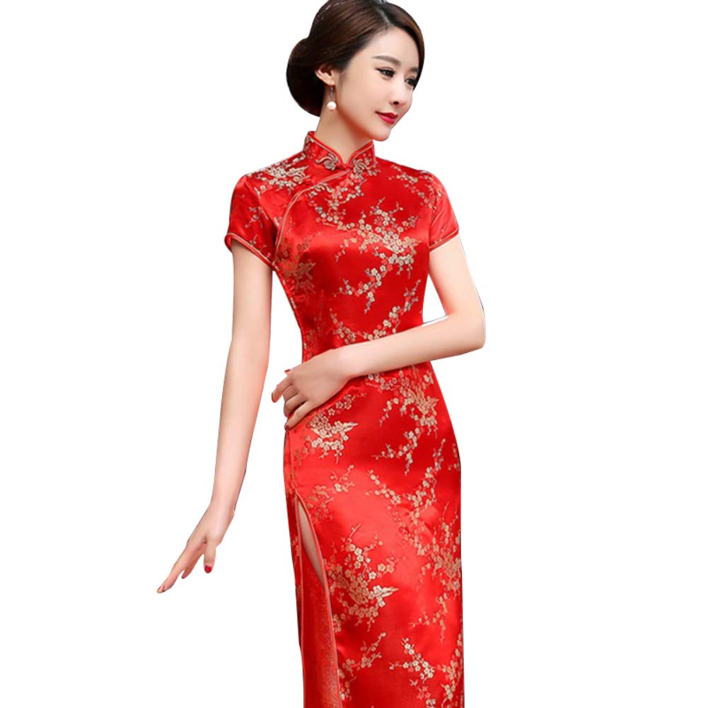 Kalaokei Cheongsam-Kleid, traditionelles Pflaumenblüten-Design, für Damen, chinesisches langes Cheongsam-Abendkleid, rot, XL