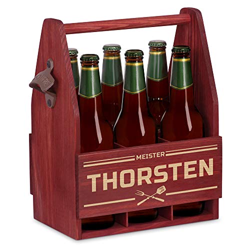 Maverton Bierträger für 6 Flaschen 0,5L + Gravur - Männerhandtasche mit Flaschenöffner - Größe: 25x17x32cm - aus Holz - Geschenk für Männer zum Geburtstag - Meister