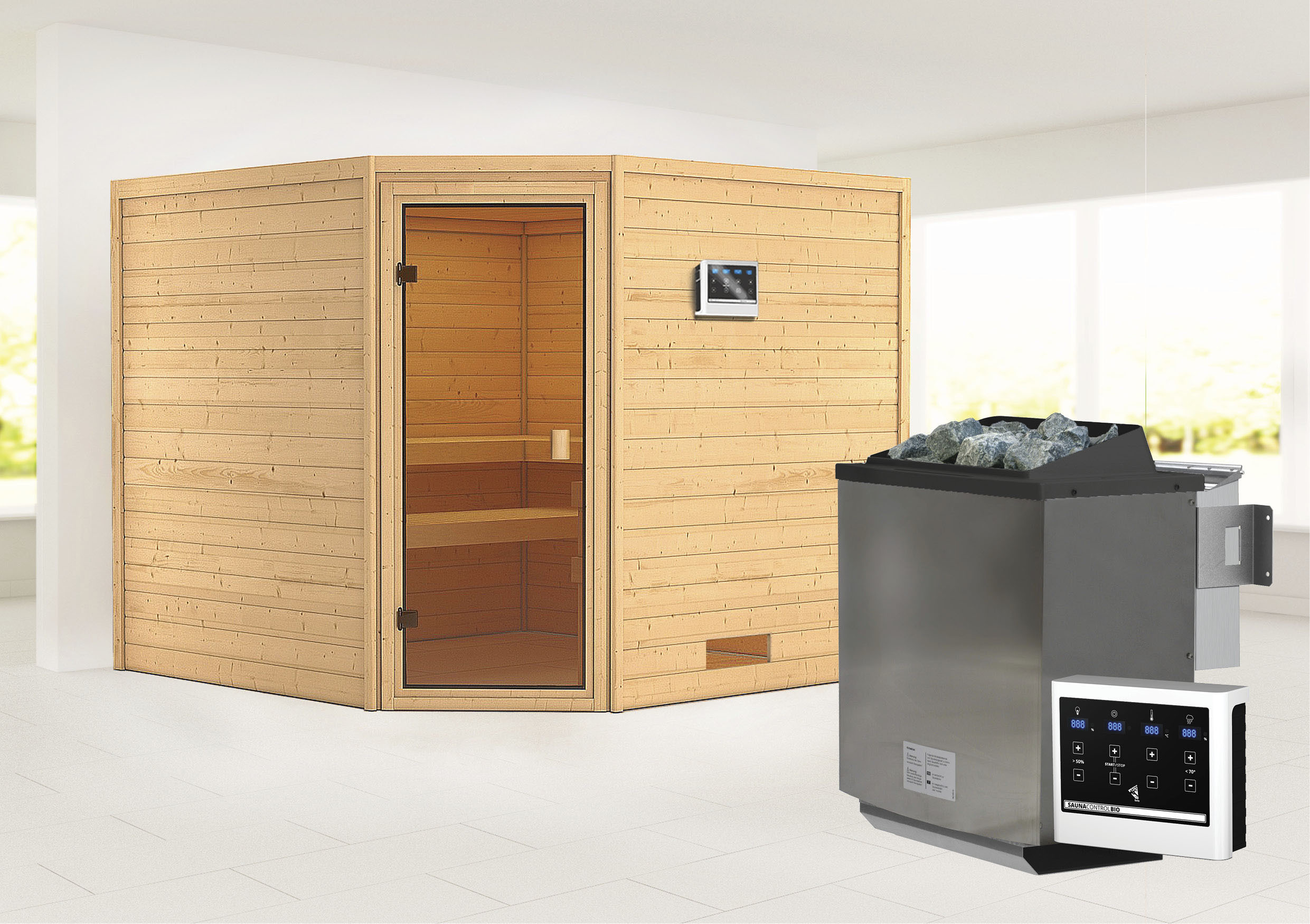 Karibu Sauna ""Leona" mit bronzierter Tür Ofen 9 kW Bio externe Strg modern"