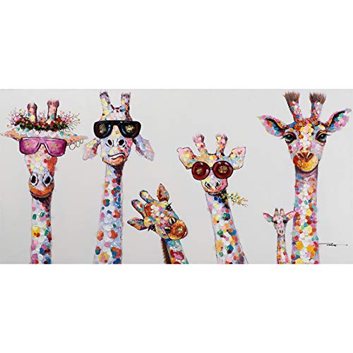 Kunstdruck Neugierige Giraffen Familie Leinwand drucken Poster Kinder Krankenschwester Zimmer Wandkunst Dekor Giraffe trägt eine Brille Lustige Bilder 60x120cm / 23,6"x47,2 Innenrahmen