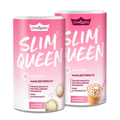 GymQueen Slim Queen Abnehm Shake 2x420g, Coco Beach + Iced Coffee, Leckerer Diät-Shake zum einfachen Abnehmen, Mahlzeitersatz mit wichtigen Vitaminen und Nährstoffen, nur 250 kcal pro Portion