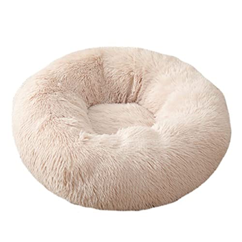 Beruhigendes Katzen- und Hundebett, flauschig, Plüsch, rund, warm, Donut-Design, mit rutschfester Unterseite, verbesserter Schlaf, Haustierhöhle, waschbar (60 cm, Beigebraun)