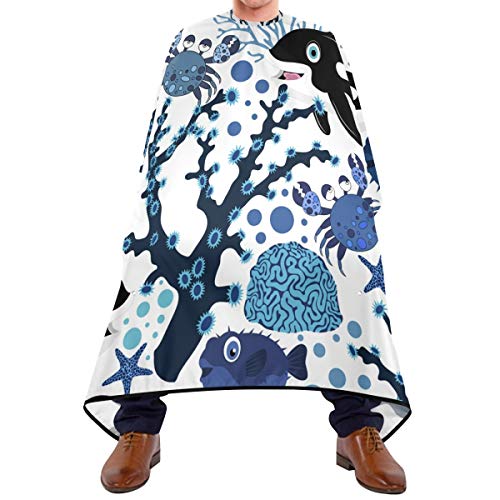 Shaving Beard Hairdressing Haircut Capes - Fishes Corals Crabs Wale Professional Waterproof with Snap Closure Adjustable Hook Unisex Hair Cutting Cape