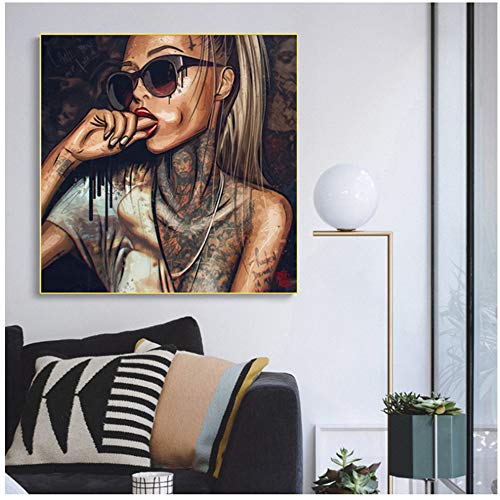 NIESHUIJING Drucken auf Leinwand Cool Sexy Girl Tattoo Bilder Pop Art Zusammenfassung Moderne Leinwand Malerei Graffiti Street Frauen Wand für Raum 80 x 80 cm (31,4"x 31,4") Kein Rahmen2