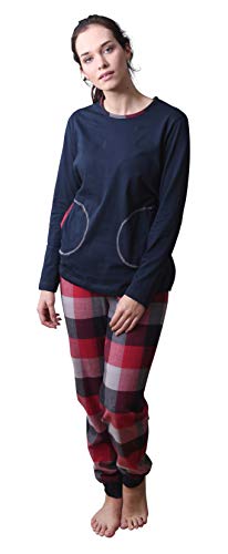 NORMANN-Wäschefabrik Damen Flanell Pyjama Mix & Match - Top Single Jersey, Hose Flanell auch in Übergrößen, Farbe:Marine, Größe2:56/58