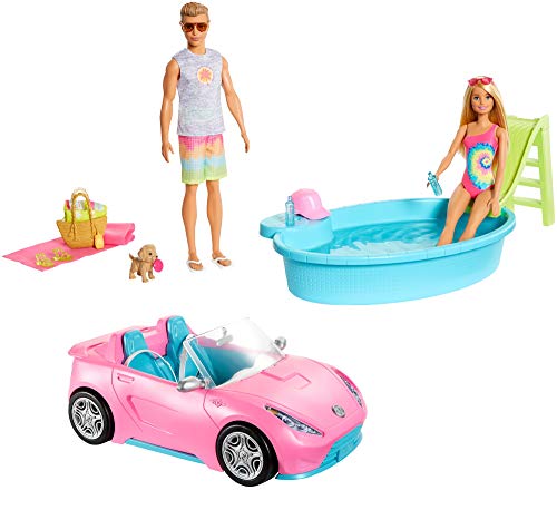 Barbie GJB71 - Barbie-Geschenkset mit Cabrio, Pool, Barbie-Puppe und Ken-Puppe in Badebekleidung