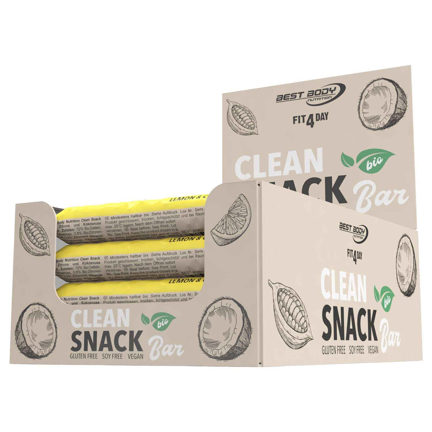 Best Body Nutrition - Bio Clean Snack Bar BIO Energy Riegel mit Datteln aus biologischer Landwirtschaft - Glutenfrei, vegan & ohne Zusatzstoffe - Geschmack Lemon & Coconut - 20 x 50 g Riegel