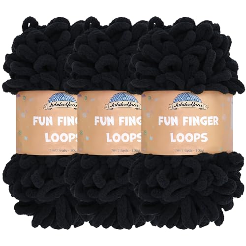 JubileeYarn Fun Fingerschlaufengarn, Jumbo-Polyester, 100 g/Knäuel, Schwarz, 3 Knäuel