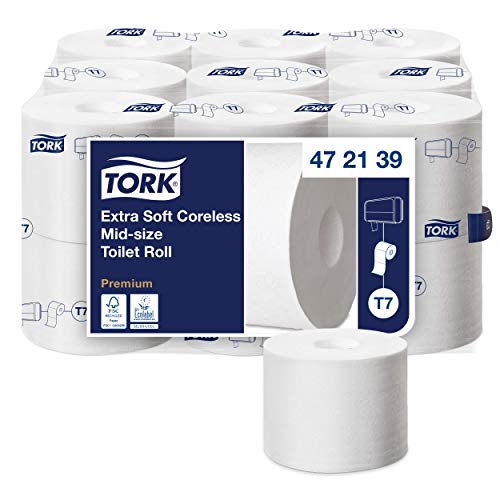 Tork 472139 extra weiches hülsenloses Midi Toilettenpapier in Premium Qualität für Tork T7 Doppelrollenspender / WC-Papier 3 lagig / hülsenlos / extra weich und reißfest, 18 x 550 Blatt