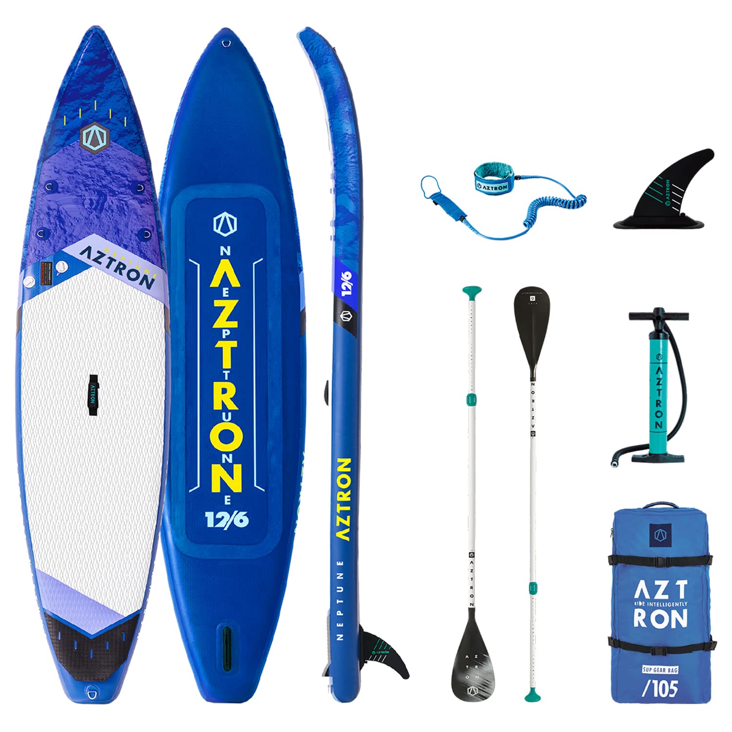 AZTRON Neptune Aufblasbares Unisex Erwachsene Board + Style Aluminium Paddel + Flosse + SUP Bag 380x80x15