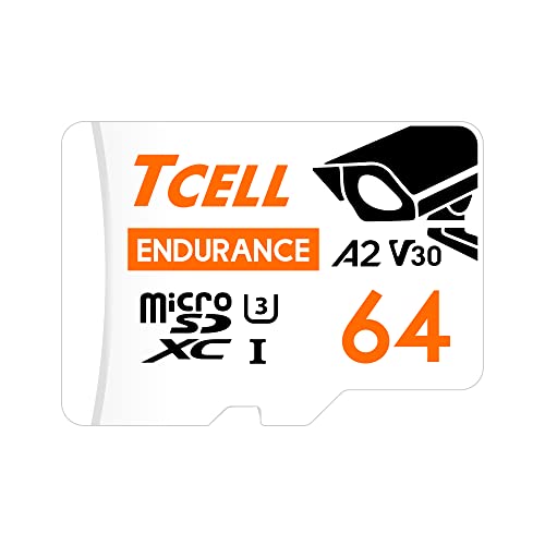 TCELL High Endurance 64 GB microSDXC-Speicherkarte mit Adapter, A2, UHS-I U3, V30, 4K, Micro-SD-Karte, Lesen/Schreiben bis zu 100/80 MB/s, Full HD Microsd für Dashcams, IP/Baby/Körper/Haustierkameras,